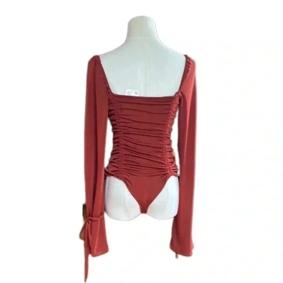 Free People Ruched Long Sleeve Bodysuit Cherry Chai Bottom Snap Closure Small - Picture 8 of 13